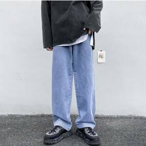 【新品・未使用】ストリート ワイド デニム パンツ ジーンズ ロールアップ ブルー メンズ Lサイズ【003221L】