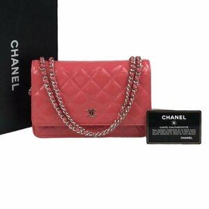 【1円～】美品 シャネル CHANEL バッグ 財布 ショルダーバッグ チェーンウォレット マトラッセ エナメル ピンク 18番台 中古