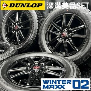 深溝美品★社外アルミ&195/65R15 DUNLOP WM02 4本 B231215-B2 ノア ヴォクシー アイシス等/6J +53 5H 114.3 ブラック ホイールスタッドレス