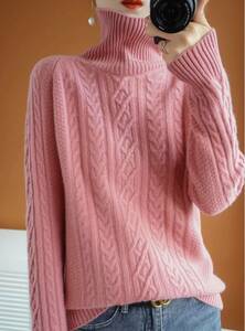 新品☆ 高品質☆ミンクカシミヤ着心地最高　ケーブル編み　大人女性気品上質ニットセーターＬ　可愛いピンク