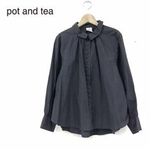 N2441-N◆美品◆ pot and tea ポットアンドティー 長袖 シャツブラウス ギャザー ゆったり レディース◆ sizeM チャコールグレー コットン_画像1