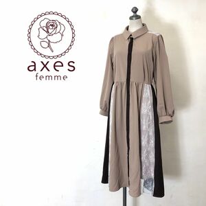 D145-O◆美品◆ axes femme アクシーズファム フレアワンピース ロング レース シャツ◆sizeM ベージュ ブラウン