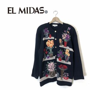 D136-O-N◆美品◆ EL MIDAS エルミダ ニットカーディガン セーター 花 金ボタン トップス◆size12 ウール ネイビー