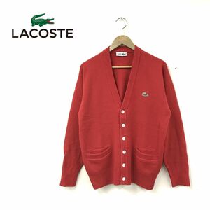 D210-M◆LACOSTE ラコステニット カーディガン ◆size４ ウール 赤 レッド ワンポイントロゴ 古着 メンズ 秋冬