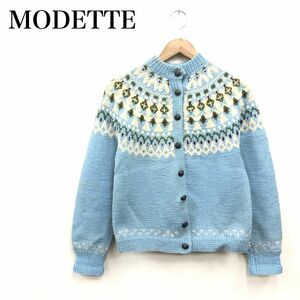 D376-F◆ オーストリア製 ◆ old ◆ MODETTE カーディガン ニット セーター メタルボタン ◆ size40 ウール100 ブルー 古着 レディース