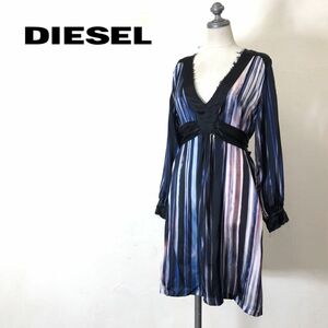 D762-O◆良品◆イタリア製◆ DIESEL ディーゼル シルクワンピース 総柄 光沢 サテン リボン Vネック◆sizeXS 絹 ブルー ネイビー ブラック