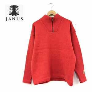 D821-D◆美品◆ノルウェー製◆ JANUS ヤーヌス ノルディックセーター ニット 厚手 ハーフジップ◆sizeS レッド系 ウール100