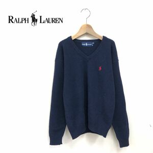 D578-T◆ralph lauren ラルフローレン ロングスリーブニット セーター ブイネック 刺繍ロゴ◆sizeM ネイビー メンズ トップス ウール100