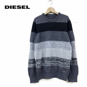 D996-N◆ DIESEL ディーゼル 長袖セーター ニット 丸首 切替 ロゴプレート ◆ sizeS グレー系 ブラック ボーダー マルチ ウール メンズ