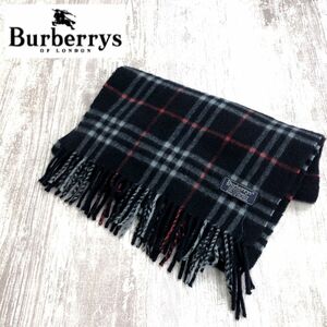 D1468-O-N◆英国製◆ Burberrys バーバリーズ マフラー カシミヤ 100% チェック ストール フリンジ◆ネイビー