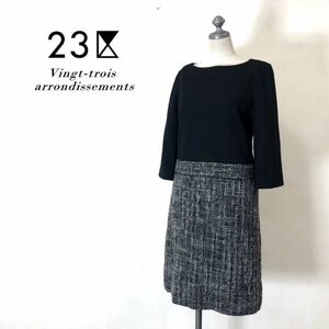 D1462-O-N◆美品◆ 23区 ウールワンピース ツイード 切替 ニット 膝丈◆size38 毛 ブラック 黒