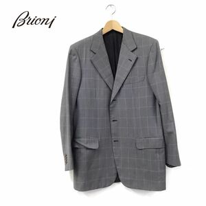 D1318-D◆イタリア製◆ Brioni ブリオーニ テーラードジャケット シングル 3B 総裏 ロゴ総柄◆ size48 ベージュ系 格子柄 ウール100