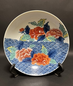 色鍋島 色絵 牡丹 青海波文 弘山造 皿 25 cm