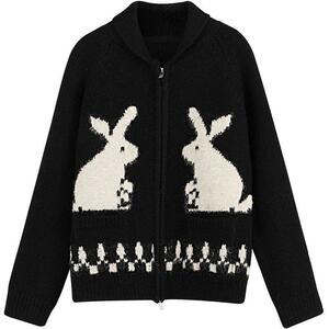 人気織り込みウサギ模様 着映え セーター おしゃれ レディース ゆったり チュニック 暖かい ブラック