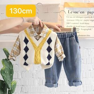  go in . type child clothes Kids top and bottom 3 point set knitted the best + long sleeve shirt + long trousers man cotton presentation go in . type graduation ceremony ( size :130cm) G25