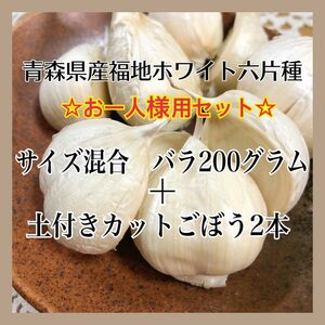 青森県産にんにく サイズ混合バラ200g+土付きカットごぼう2本