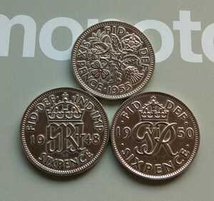 3コインセット1948年 1950年 1955年 アンティーク イギリス ラッキー6ペンス ジョージVI エリザベス女王 ブリティッシュ英国の古銭 