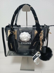 シャネル CHANEL ショップ袋、2023年クリスマス限定カメリア付き新品クリアバッグリボン、チャーム