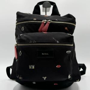 1円【入手困難品】ポールスミス Paul Smith リュック バックパック ロゴ メンズ レディース ビジネス A4 ナイロン レザー 総柄 ブラック