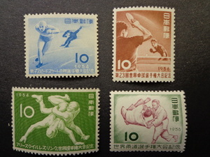 少し古い記念切手です。スポーツの４種（スピードスケート、レスリング、卓球、柔道）です。全て未使用切手となります。