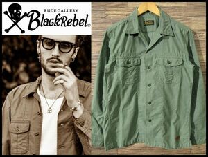 送無 美品 定価23,100 RUDE GALLERY BLACK REBEL ルードギャラリー 19SS MILITARY SHIRT 長袖 オープンカラー ミリタリー シャツ オリーブ