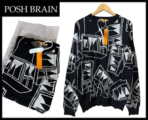 送料無料 XL サイズ 新品 タグ付き POSH BRAIN ポッシュブレイン Funktion 総柄 幾何学 模様 コットン ニット セーター 黒 ブラック