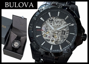 送無 定価63,800 新品 BULOVA ブローバ Gent's Skeleton Dial 98A147 オープンハート 両スケルトン 機械式 自動巻 ブラックPVD 加工 腕時計