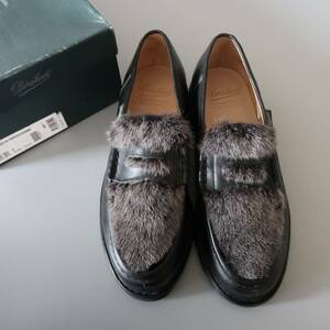 最後の１足【未使用 Paraboot Reims Lisse Noir+Vison ブラックリスレザー＆ミンクファー UK8 フランス製】パラブーツランスローファー黒