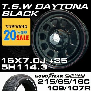 ■ T's Factory TSW デイトナ ブラック 16×7J+35 5穴 114.3 GOODYEAR ナスカー 215/65R16C ホワイトレター タイヤセット 100系 ハイエース