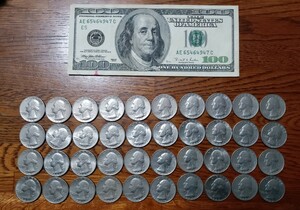アメリカ100ドル紙幣1枚と25セント硬貨40枚 アンティーク