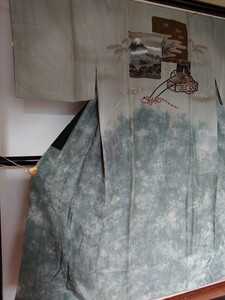 中古　◆正絹◆ 袷　男性 　長襦袢　仕立て上がり　手縫　富士山　鳥