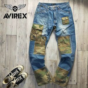  rare *AVIREX Avirex * Denim camouflage cargo pants USED processing L Ueno association S269