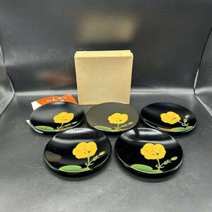琉球漆器　べんぼう　銘々皿5枚セット 植物繊維　ユーナ　小皿　食器　菓子皿　沖縄T11