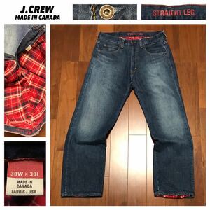 希少 J.CREW ジェイクルー★LOT 1677 FABRIC USA チェック柄裏起毛 STRAIGHT LEG インディゴ デニムパンツ ジーンズ 暖パン カナダ製★W30