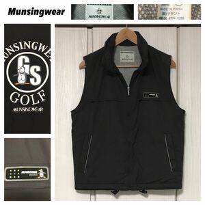 希少 MUNSINGWEAR マンシングウェア★GRANDSLAM デカロゴプリント 収納フード付き 中綿ナイロンベスト 黒 ブラック GOLF ゴルフウェア★S