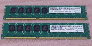 ◎Apacer 78.B1GFZ.AF20C 2枚セット - PC3L-12800E/DDR3L-1600 SK hynixチップ ECC Unbuffered 240Pin DDR3 UDIMM 8GB(4GB x2) 動作品