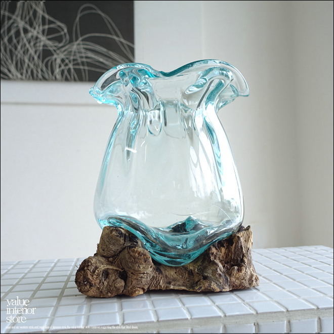 ガラスウェーブ 花瓶 フラワーベース ブルー 工芸品 日本製 レア-