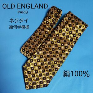 OLD ENGLAND ネクタイ 絹 シルク 紺 黄 ネイビー ダイヤ 市松 チェック 幾何学 オールドイングランド PARIS