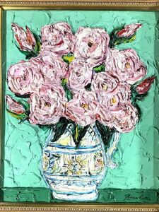 真作■油彩■當間久夫■『ピンクのバラ』■10F■師：林武 ■極厚塗り重厚マチエール・フランス画壇活躍　１a