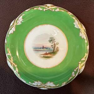 A ダヴェンポート　キャビネット・プレート　飾り皿　グリーン デザートハンドペイント風景画金彩　イギリス　アンティーク 1850年頃