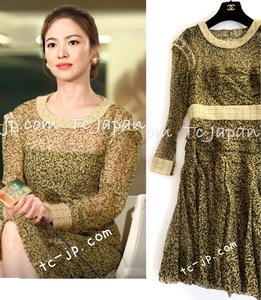 100 ten thousand to cross Chanel One-piece CHANEL yellow CC pattern silk chiffon 100% tweed trim as good as new 38 dress 