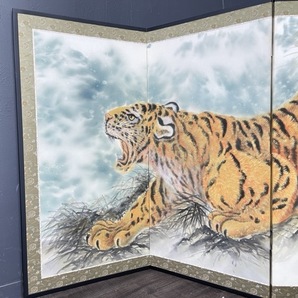 虎図屏風 【中古】 猛虎 パーテーション 和室 インテリア 4つ折り 約178×91cm / 55748の画像2