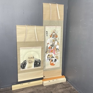 未使用保管品 掛軸 2点セット 玉苑 七福神 達磨大師 130x63cm 185x53cm 掛軸 木箱付 /55738在★10