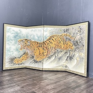 虎図屏風 【中古】 猛虎 パーテーション 和室 インテリア 4つ折り 約178×91cm / 55748