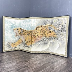 虎図屏風 【中古】 猛虎 パーテーション 和室 インテリア 4つ折り 約178×91cm / 55752