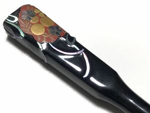 アンティーク 木製 漆塗り 金蒔絵 螺鈿 青貝細工 金細工 8.8g 草花文 笄【検/簪/かんざし/こうがい】