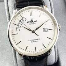 【1円〜】EDOX エドックス 腕時計 メンズ AT 自動巻 レ・ヴォベール ホワイト文字盤 ラウンドフェイス 裏スケ デイデイト 可動品_画像4