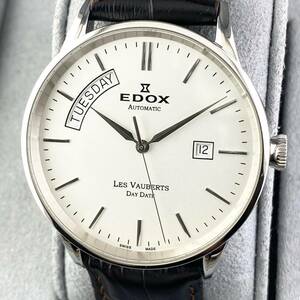 【1円〜】EDOX エドックス 腕時計 メンズ AT 自動巻 レ・ヴォベール ホワイト文字盤 ラウンドフェイス 裏スケ デイデイト 可動品