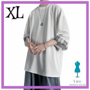 七分袖 Tシャツ チェック柄 ビッグシルエット XL オーバーサイズ カジュアル モード ホワイト