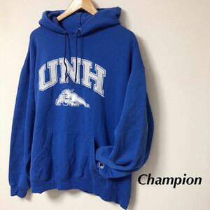 90's /Champion /チャンピオン /メンズXL ブルー 長袖 プルオーバー パーカー スウェット 裏起毛 ビッグロゴ UNH アメカジ スポーツ 古着